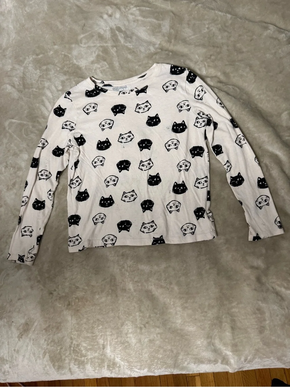 Old Navy Long-Sleeve White Top with Black Cat Faces